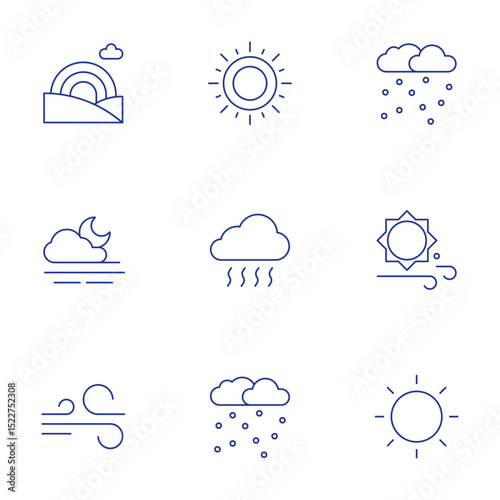 Weather forecast icons set. Thin Line style, editable stroke. rainbow, fog, wind, sun, smog, snow