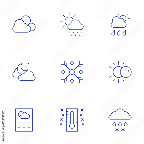 Weather forecast icons set. Thin Line style, editable stroke. rainy, thermometer, night, rain, snowflake, weather, eclipse, meteorology