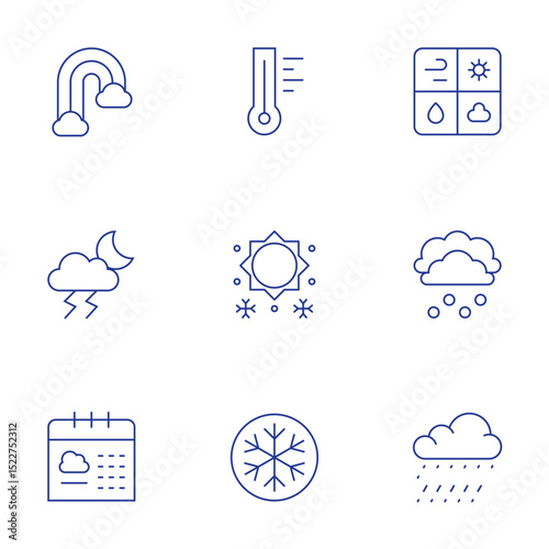 Weather forecast icons set. Thin Line style, editable stroke. rainbow, thunderstorm, calendar, thermometer, snow, weather news, rainy