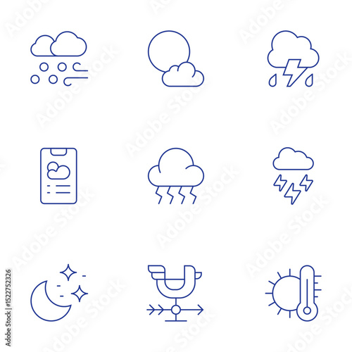Weather forecast icons set. Thin Line style, editable stroke. snow, night, full moon, bolt, weathercock, thunderstorm, storm, temperature, weather app