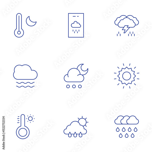 Weather forecast icons set. Thin Line style, editable stroke. thunder, sun, heavy rain, temperature, fog, thermometer, weather forecast, hail, rainy day
