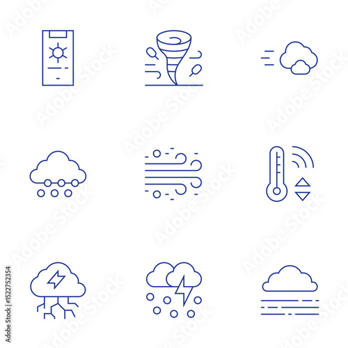 Weather forecast icons set. Thin Line style, editable stroke. windstorm, dust laden wind, ice storm, cloud, temperature control, fog, weather forecast, snow