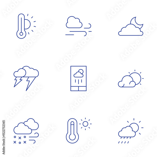 Weather forecast icons set. Thin Line style, editable stroke. windy, snowfall, cloud, thermometer, weather, forecast, sun