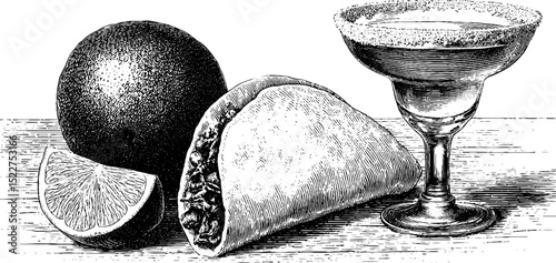 Engraved illustration of burrito and margarita with citrus element for mexican cuisine theme