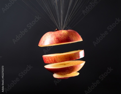A red apple is sliced horizontally into floating segments, suspended mid-air against a dark background with visible support lines above.