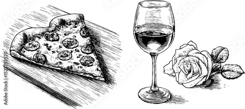 Romantic dinner theme with engraved illustration of heart shaped pizza, wine, and rose