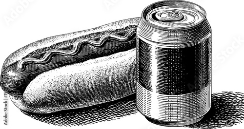 Vintage engraved illustration of hot dog and soda can for culinary art design