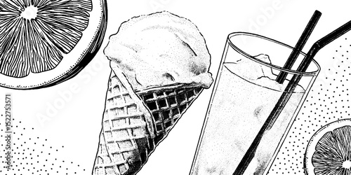 Engraved illustration of ice cream cone and lemonade for summer delight and refreshment