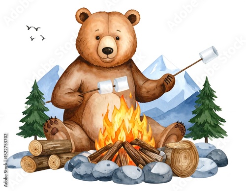 Watercolor bear roasting marshmallows