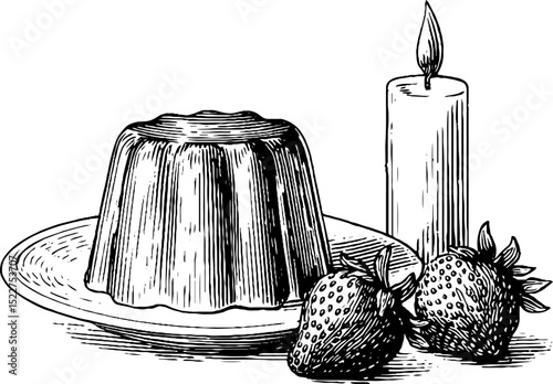 Engraved dessert art: panna cotta with strawberries and candle composition