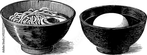Traditional japanese cuisine: engraved illustration of ramen and sake bowls with egg