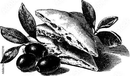 Engraved illustration of pita, hummus, and olives - mediterranean cuisine art