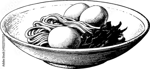 Engraved illustration of ramen with eggs and sake elements for culinary art designs