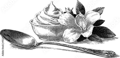 Elegant engraved illustration of raspberry mousse with floral accents for culinary art design