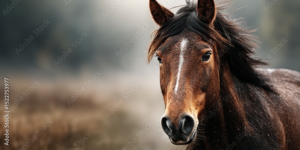 Fototapeta premium Majestic brown horse standing proudly in a misty field during early morning light