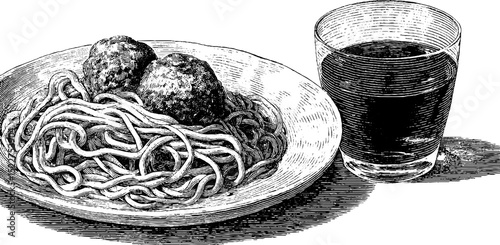 Vintage engraved illustration of spaghetti and meatballs with beverage for culinary art