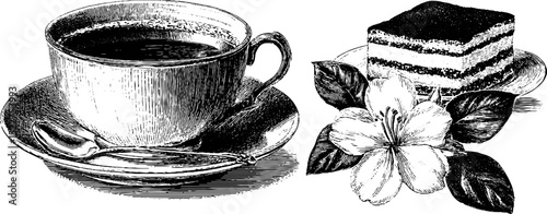 Elegant engraved illustration of tiramisu and cappuccino with floral accent for cafe decor