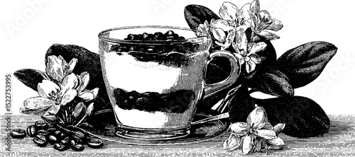 Vintage engraved illustration of tiramisu and cappuccino with floral accents for cafe decor