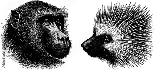 Engraved illustration of african baboon and porcupine faces for art and design