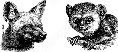 Engraved illustration of african wild dog and lemur - wildlife art for educational and decorative use
