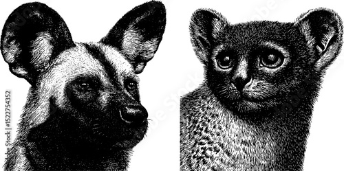 Engraved wildlife art: african wild dog and lemur portraits for nature design