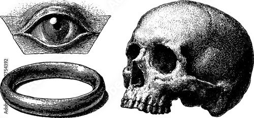 Engraved illustration set featuring amulet with eye symbol and skull