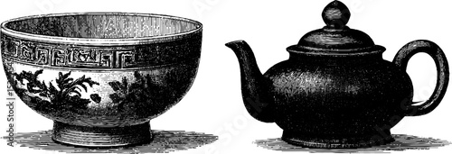 Engraved illustration of ancient chinese bronze bowl and teapot set