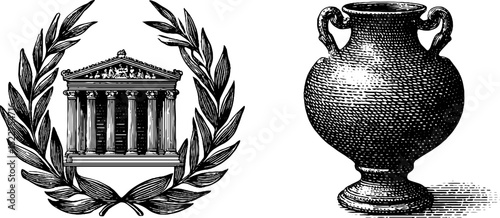 Intricate engraved illustrations of ancient greek temple and vase for historical design