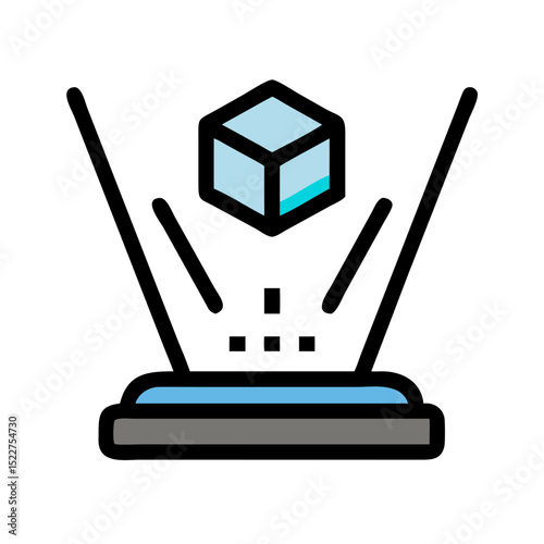 Hologram display with floating blue cube in illuminated scene  