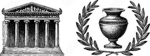 Engraved illustrations of ancient greek temple and vase with laurel wreaths for historical designs