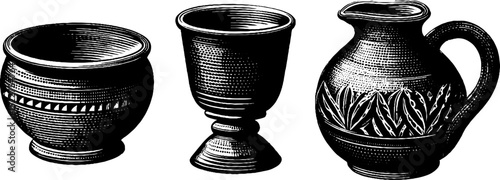 Engraved illustration set of ancient indian terracotta pottery vessels