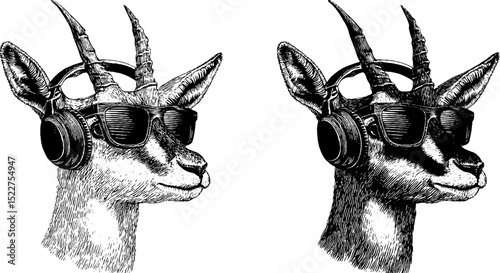 Engraved illustration of antelope with headphones and sunglasses - unique animal art concept
