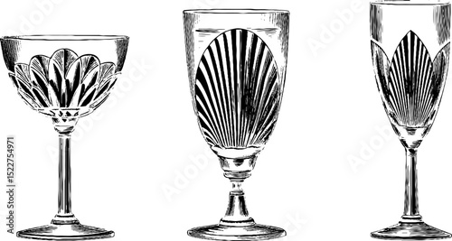 Elegant art deco cocktail glasses: vintage engraved illustration collection