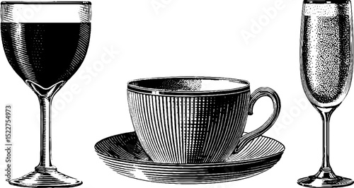Art deco cocktail glasses and tea cup engraved illustration set
