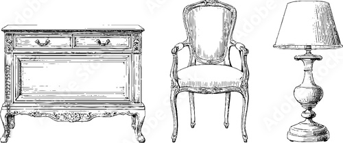 Art nouveau dining room set engraved illustration: chair, sideboard, and lamp design