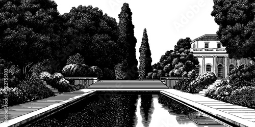 Engraved art deco villa and garden scene: architectural elegance for design projects
