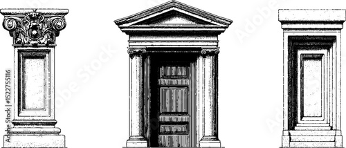 Art nouveau door designs in engraved illustration set for architectural inspiration