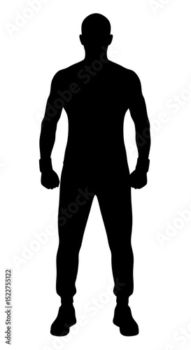 Silhouette of a muscular man standing confidently with clenched fists on a transparent background