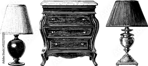 Art nouveau dresser and lamp set engraved illustration for vintage design projects