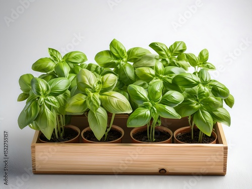 Basil herb in wooden boxes 