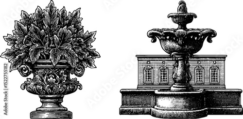 Art nouveau engraved illustrations of decorative house elements and sculpture design