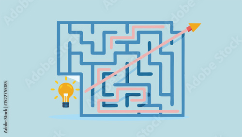A lightbulb at the start of a maze with a pink line showing the solution to the end arrow