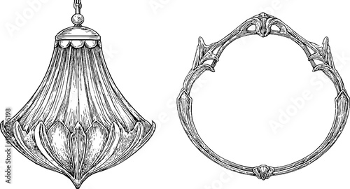 Art nouveau stained glass engraved illustrations - pendant lamp and ornate circular frame