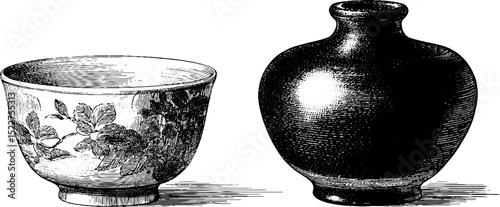 Vintage asian porcelain tea cup and vase engraving for art and design projects