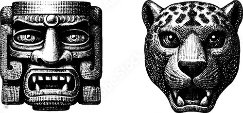 Engraved illustration set of aztec ceremonial masks featuring jaguar and deity designs for tribal art and cultural display