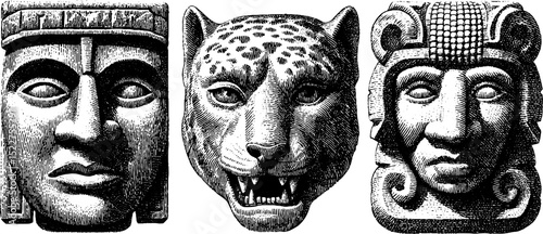 Intricate aztec ceremonial mask set engraved illustration for historical design
