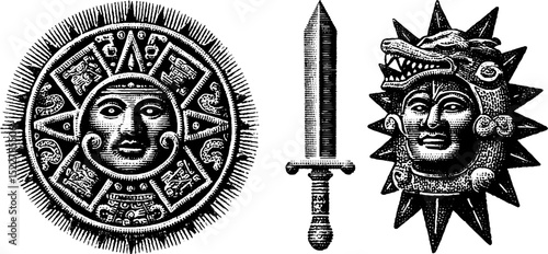 Aztec sun stone, mythical warrior mask, and ancient sword engraving set