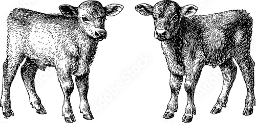 Charming engraved illustration of baby buffalo pair standing for design and art projects