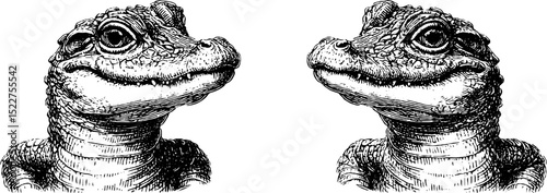 Engraved illustration set of smiling baby crocodiles for artistic design
