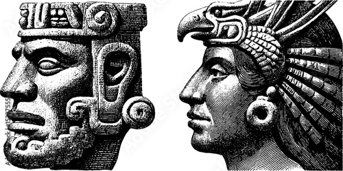 Engraved illustration of aztec god tezcatlipoca in traditional headdress